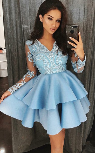 A-line Long Sleeve Satin Lace V-neck Short Mini Homecoming Dress