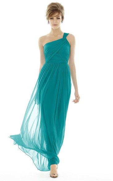 Long Sleeveless One-Shoulder Chiffon Dress with Strap-Back and Ruching