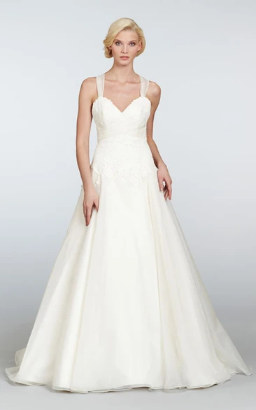 Glamorous Draped Lace Bodice a Line Gown With Crisscross Back and Bow Detail