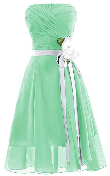 Strapless Ruched A-line Gown With Flower and Sash