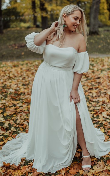 Simple A Line Chiffon Off-the-shoulder Pull Wedding Dress with Bow