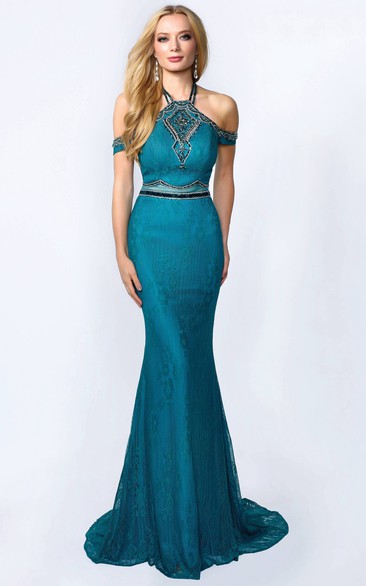 Sheath Halter Sleeveless Lace Backless Dress With Beading