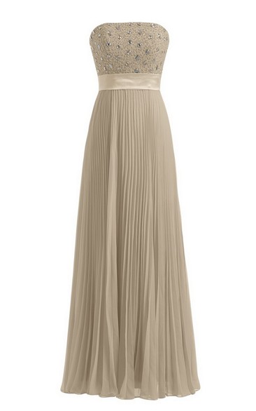 Strapless Empire Long Pleated Dress With Rhinestones