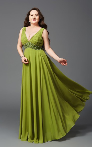 A-line Floor-length V-neck Sleeveless Chiffon Waist Jewellery Pleats Low-V Back Dress