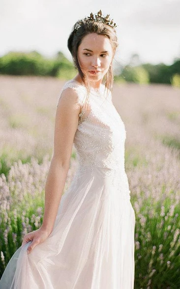 Sleeveless A-Line Jewel Neck Tulle Dress With Illusion Back and Beadings