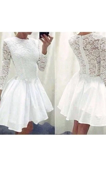 A-line 3 4 Length Sleeve Chiffon Lace High Neck Zipper Illusion Short Mini Homecoming Dress