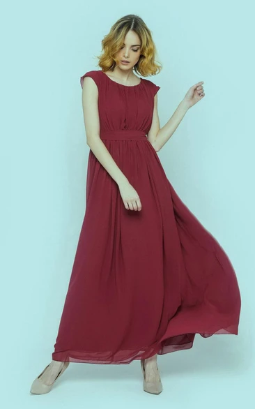 Scoop Neck Cap Sleeve Empire A-line Chiffon Long Dress With Pleats