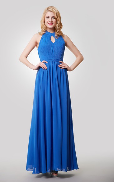 Floor Length A-Line Chiffon Dress With Halter and Keyhole