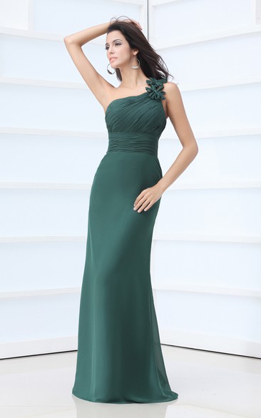 One-Shoulder Chiffon Dress With Ruching and Flower