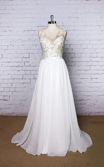 V-Neck Chiffon A-Line Sleeveless Dress With Lace Bodice and Low-V Back