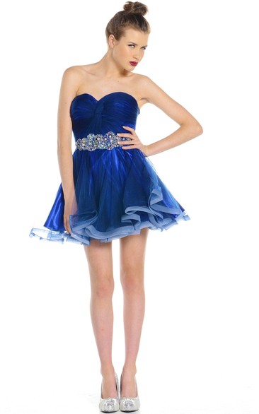 Mini A-Line Jeweled Sweetheart Sleeveless Organza Prom Dress