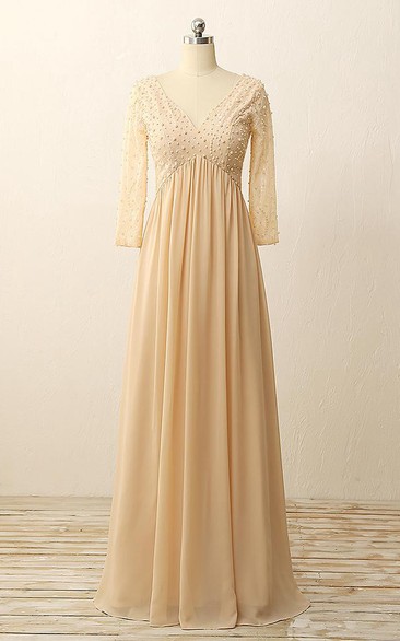 Floor-length V-neck Long Sleeve Zipper Chiffon Lace Dress