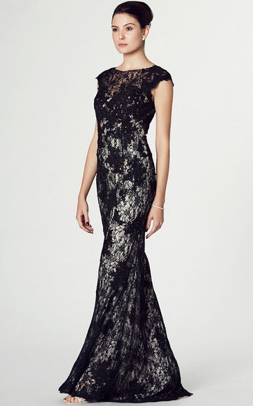 Sheath Cap-Sleeve Appliqued Maxi Scoop Lace Prom Dress With Illusion Back And Sweep Train