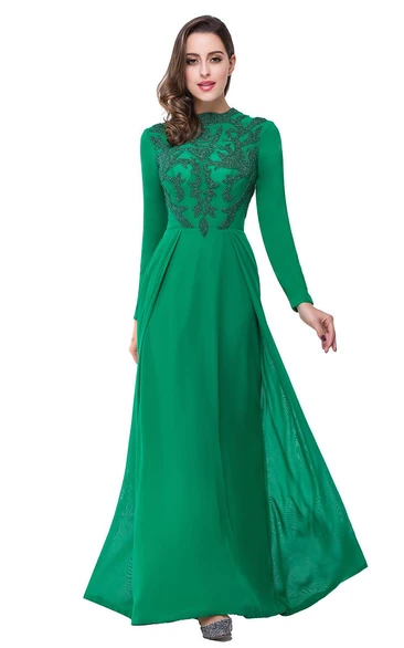 Elegant Green Long Sleeve Beadings Evening Dress Long Chiffon Party Gowns