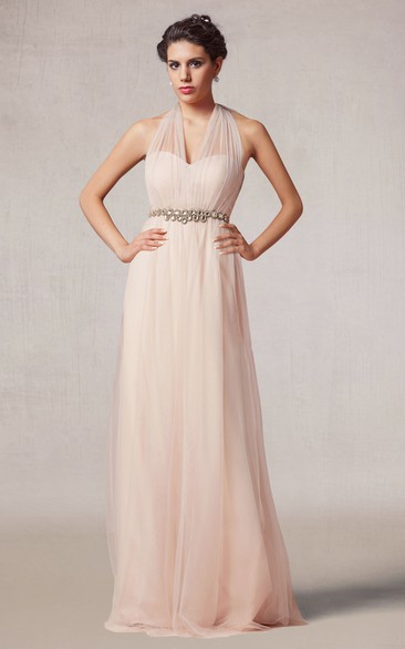 Floor Length A-line Tulle Dress With Beaded Waist