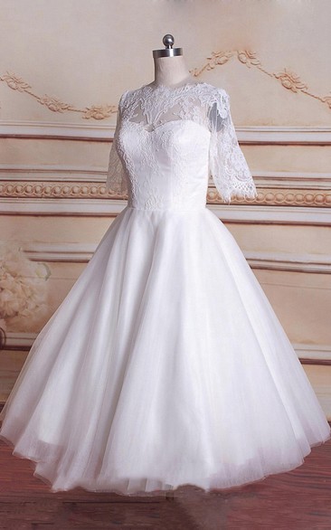 Tea-Length 3-4 Sleeve Tulle Lace Satin Weddig Dress