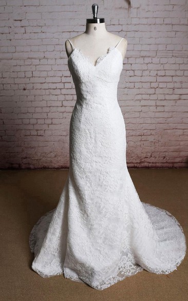 V-Neck Mermaid Lace Bridal Dress With Spaghetti Straps