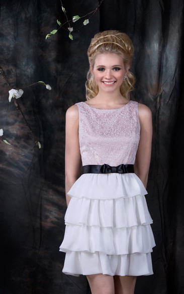 A-Line Short Scoop Sleeveless Low-V-Back Satin Lace Dress With Tiers