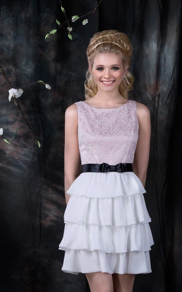 A-Line Short Scoop Sleeveless Low-V-Back Satin Lace Dress With Tiers