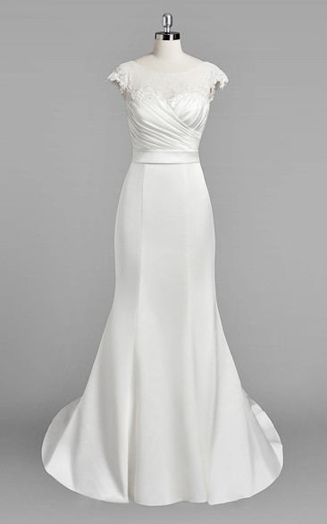 Bateau Neck Cap Sleeve Mermaid Satin Wedding Dress With Ruching