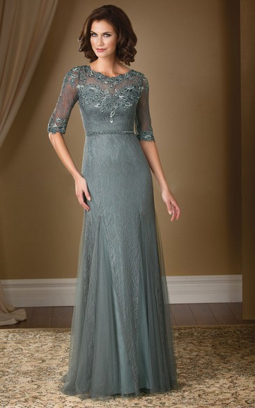 Half-Sleeved Long Mother Of The Bride Dress With Lace And Illusion Detail