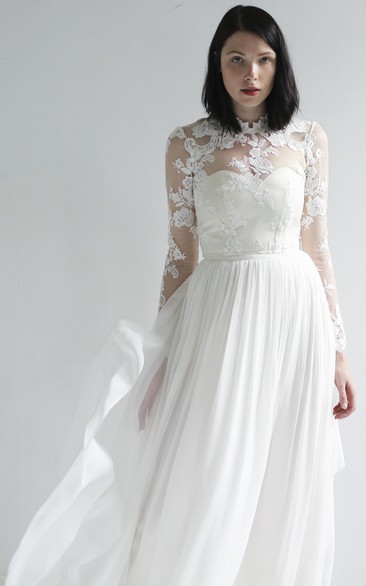 Illusion Lace And Chiffon High Neck Long Sleeve Wedding Dress