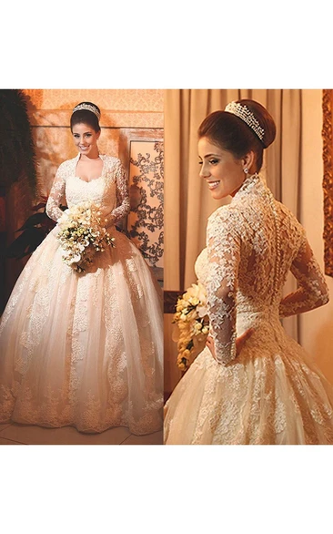 Modern Lace Long Sleeve Wedding Dress Ball Gown Button Zipper Back