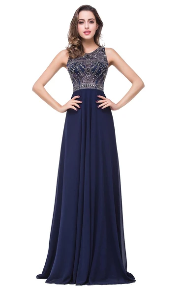 Modern Chiffon A-line Prom Dress Beadings Illusion Zipper