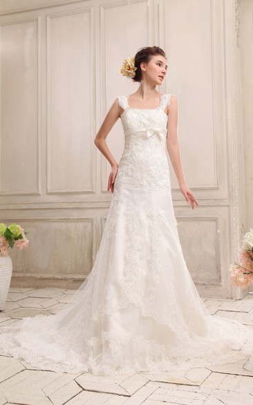 Square Neckline Straps Dress With Appliques and Bowed Sash