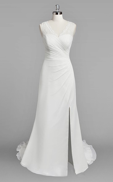 V-Neck Sleeveless Sheath Chiffon Wedding Dress With Ruching and Split Side