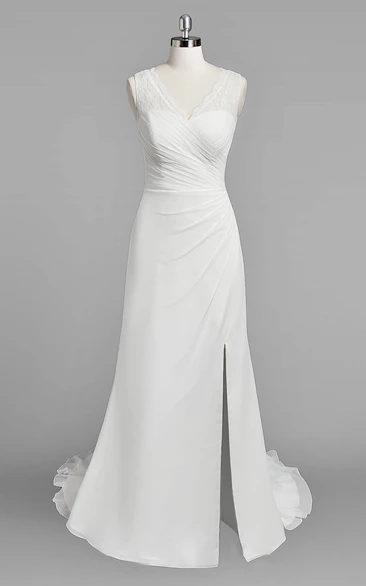 V-Neck Sleeveless Sheath Chiffon Wedding Dress With Ruching and Split Side