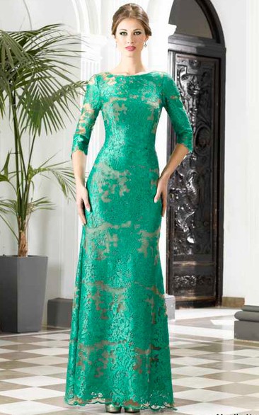 Sheath Floor-Length Bateau 3 4 Length Sleeve Lace Appliques Low-V Back Dress