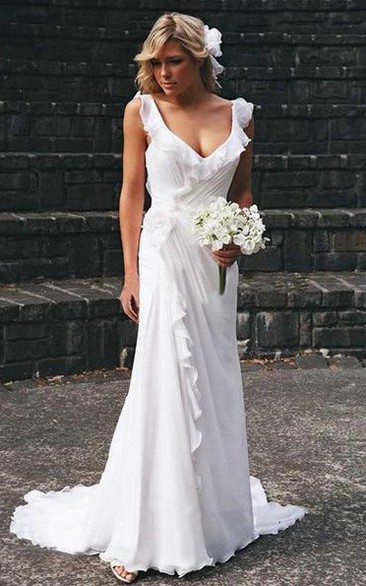 Elegant V-neck Chiffon Ruffles Sleeveless Wedding Dress Bridal Gowns