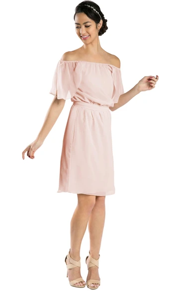 Knee-Length Bowed Short Sleeve Off-The-Shoulder Chiffon Muti-Color Convertible Bridesmaid Dress