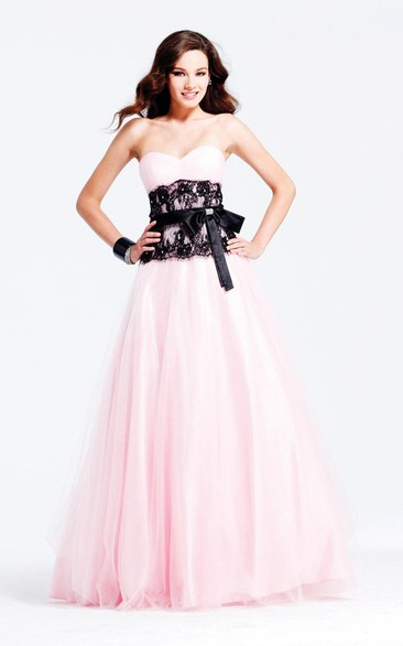 Sweetheart Black Lace Prom Dresses With Hot Bridalsmaid Pink Pleated Tulle Bow Ruffle Gown