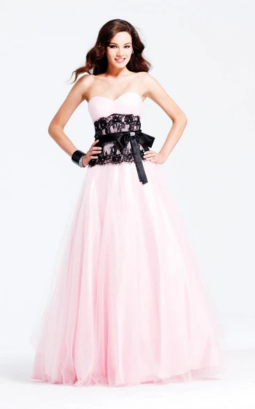 Sweetheart Black Lace Prom Dresses With Hot Bridalsmaid Pink Pleated Tulle Bow Ruffle Gown