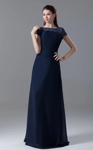 Bateau-Neck Short-Sleeve Floor-Length Chiffon Dress With Beading