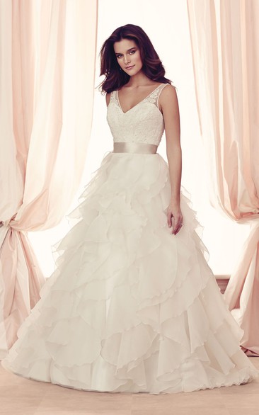 V-neck Lace Dress With Sash And Cascading Ruffles