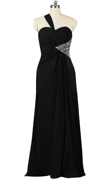 One-shoulder A-line Chiffon Dress With Side Beadings