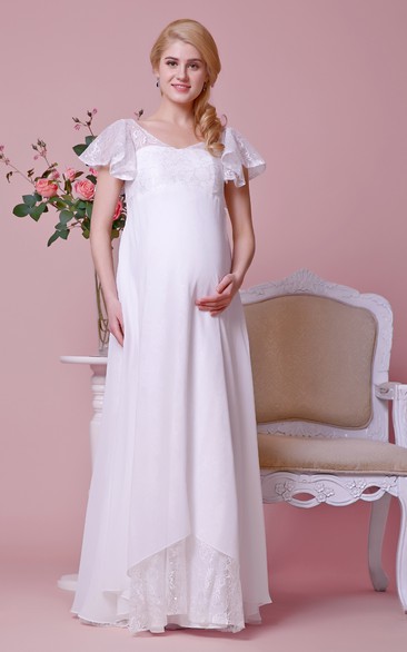 V-neck Lace Bodice Empire Waist Chiffon Long Dress With Cap Sleeves