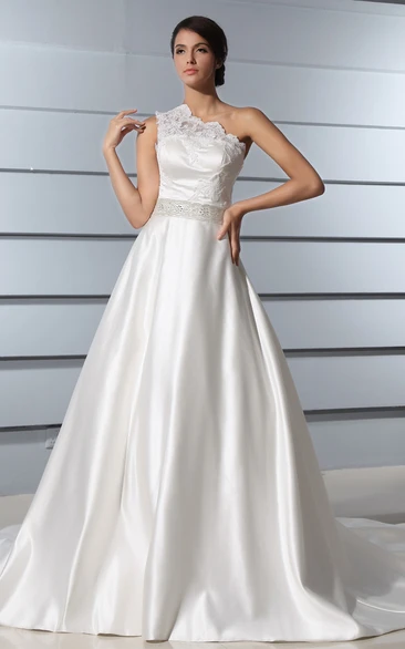 One-Shoulder A-Line Satin Dress With Lace Bodice and Chapel Train