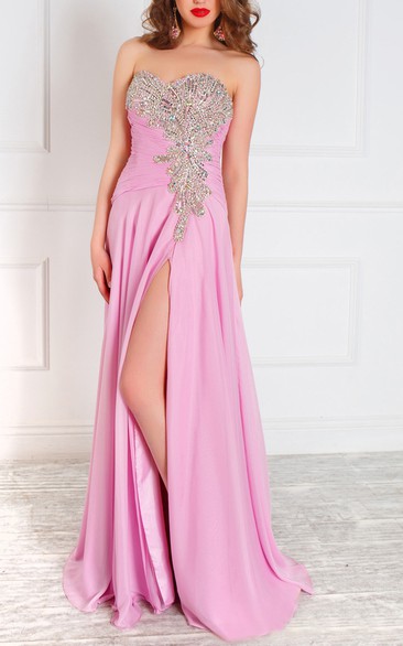 A-Line Floor-Length Sweetheart Sleeveless Tulle Ruffles Beading Zipper Dress