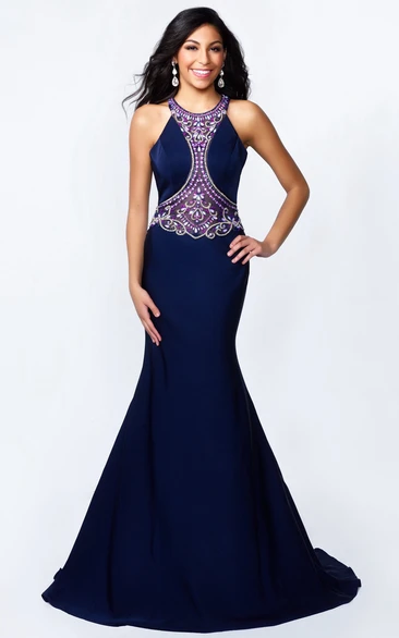 Sheath Scoop-Neck Sleeveless Jersey Dress With Beading