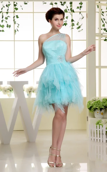 One-Shoulder Tulle Short Ruffled Dress With Beading Illusion Neckline