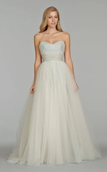 Angelic Crisscross Pleated Bodice Tulle Ball Gown With Crystal Embroidery