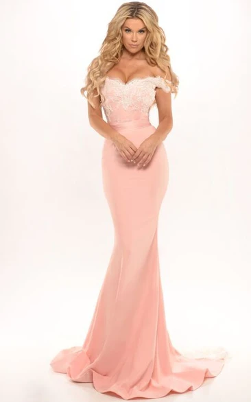 Sheath Off-The-Shoulder Appliqued Floor-Length Jersey Prom Dress