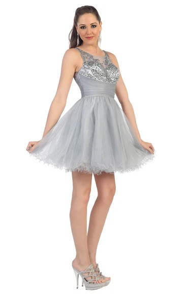 A-Line Mini Bateau Sleeveless Tulle Illusion Dress With Ruffles And Beading