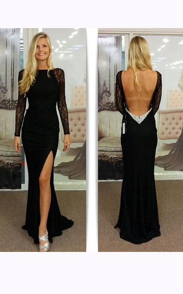 Mermaid Long Lace Sleeves Chiffon Dress with Deep V Back