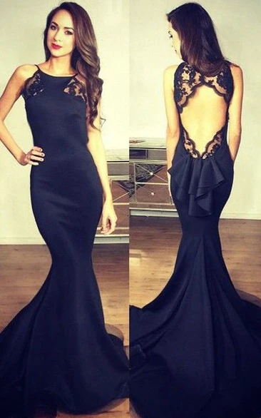 Sexy Satin Mermaid Bateau Sleeveless Evening Dress With Keyhole Lace Ruffles