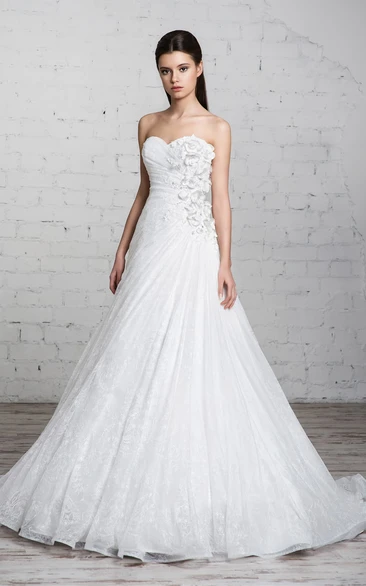 Long Sweetheart A-line Lace Wedding Dress With Ruffles And Ruching